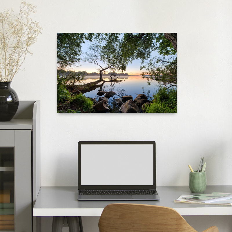 Art contemporain, paysage paisible côtier serein et tranquille, H 16 po x l 24 po