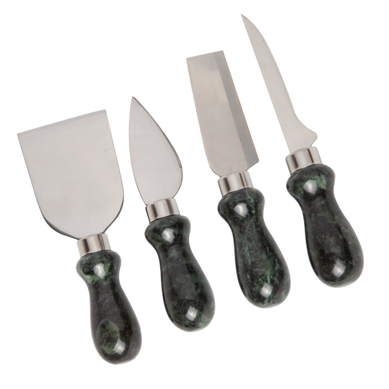 Creative Home Natural Green Marble Handle Set of 4 pc Multipurpose Cheese Knife Cutter Spreader Set includes Pronged Knife Hard Cheese Knife and Chisel Knife