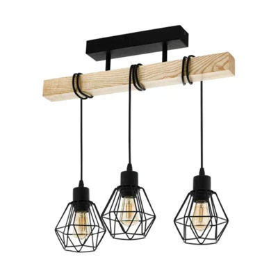 Eglo Townshend 5 Black And Natural Wood 3-light Ceiling Pendant Semi-flush Industrial Style L55cm