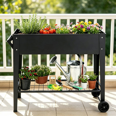 Alloy Steel Raised Garden Bed with Wheels, Elevated Planter Box on Stand with Removable Storage Shelf & Side Handle, Mobile Outdoor Raised Planter Cart for Vegetable Herb Flower Patio Balcony Backyard