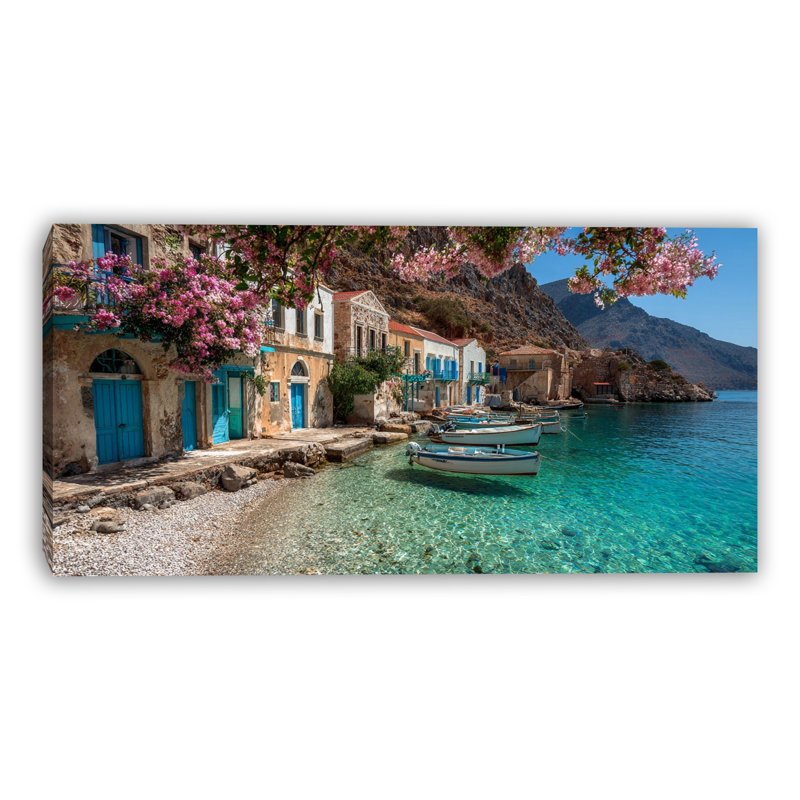 Mediterranean Coastal Village Harbour Wrapped Canvas Wall Art, 20"H x 40"W x 1.5"D