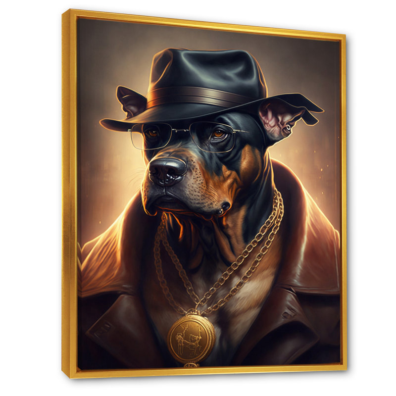 «Mafia Dog III», impression sur toile, H 40 po x l 30 po x P 1,5 po, Toile avec cadre flottant or