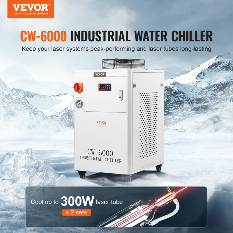 Refroidisseur d'eau industriel, CW6000, système de refroidissement industriel 1500W avec compresseur Capacité du réservoir d'eau 15L Débit maximum de 65 L / min, pour machine de gravure laser au CO2