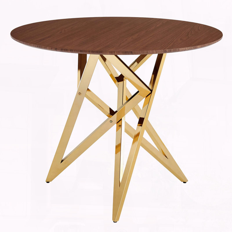 37-Inch Round Dining Table with Gold Metal Legs, Walnut/Gold