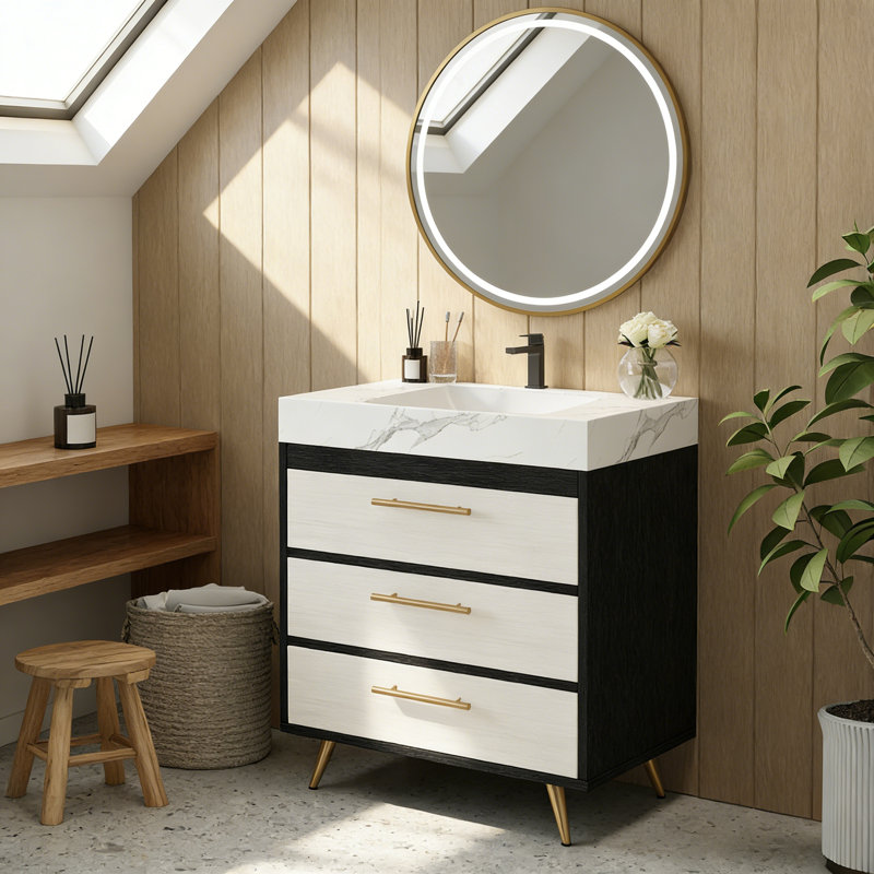 Modern Minimalist Bathroom Vanity, White, White