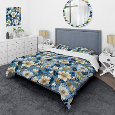 Blue Coastal Harmony Floral Pattern IX - Ensemble de housse de couette à motif floral