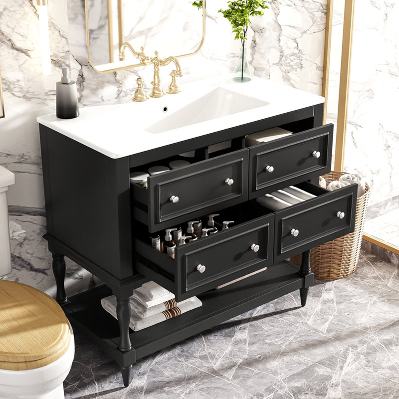 Ensemble de meuble-lavabo avec lavabo 36 po, lavabo en céramique encastré, ensemble de meuble-lavabo autoportant avec 4 tiroirs, meuble-lavabo à cadre en bois massif, noir