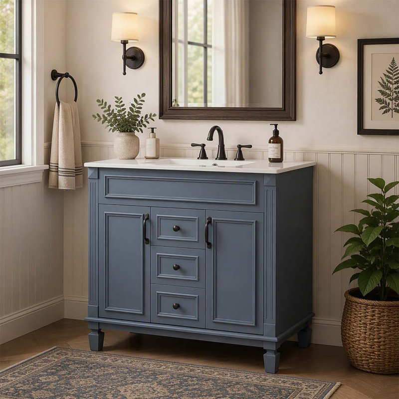 Meuble-lavabo moderne de 91 cm (36 po) avec lavabo, portes à fermeture douce et rangement dissimulé pour une organisation optimale.