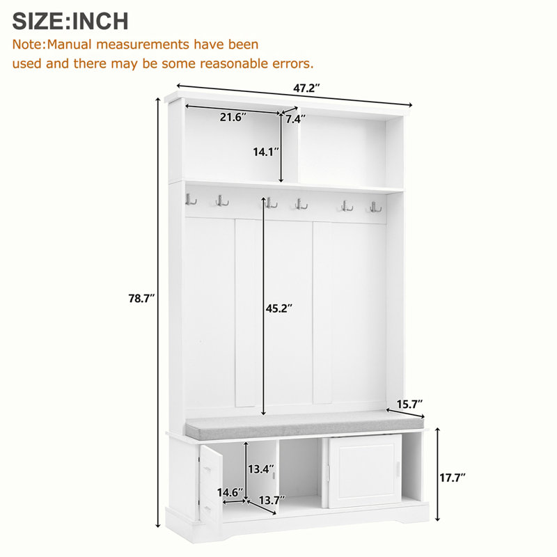 White Wood Hall Tree with Storage Bench and Sliding Doors