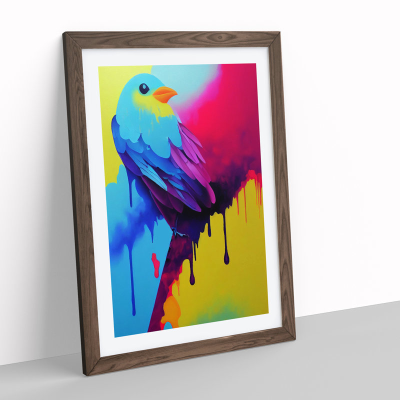 Bird Paint Drips No.3 - Wall Art, 48cm H x 36cm W, Walnut Framed, White