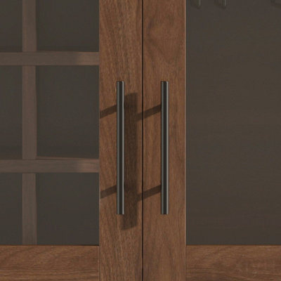 Tall Arched Bar Cabinet , Mid-Century Coffee Bar Cabinet with an Adjustable Shelf & 5 Hooks, 9 Wine Racks, 3 Glass Holder,Tempered Glass Doors, Wine Liquor Cabinet with a Large Drawer