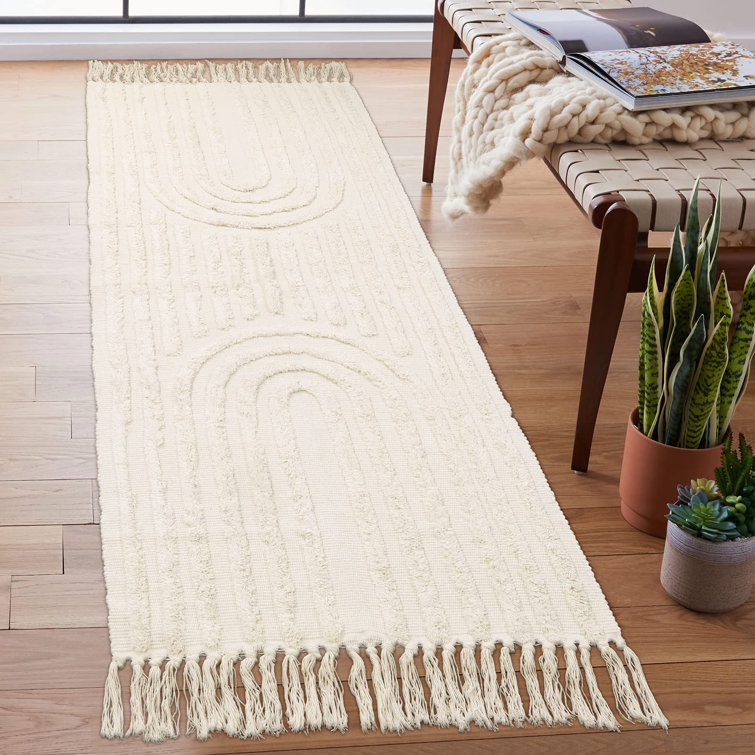 Uphome Boho Bathroom Rugs, 2' x 3' Cotton Abstract Art Entryway Rug, Yellow  Modern Washable Small Rug with Tassels, Minimalist Rainbow Line Tufted