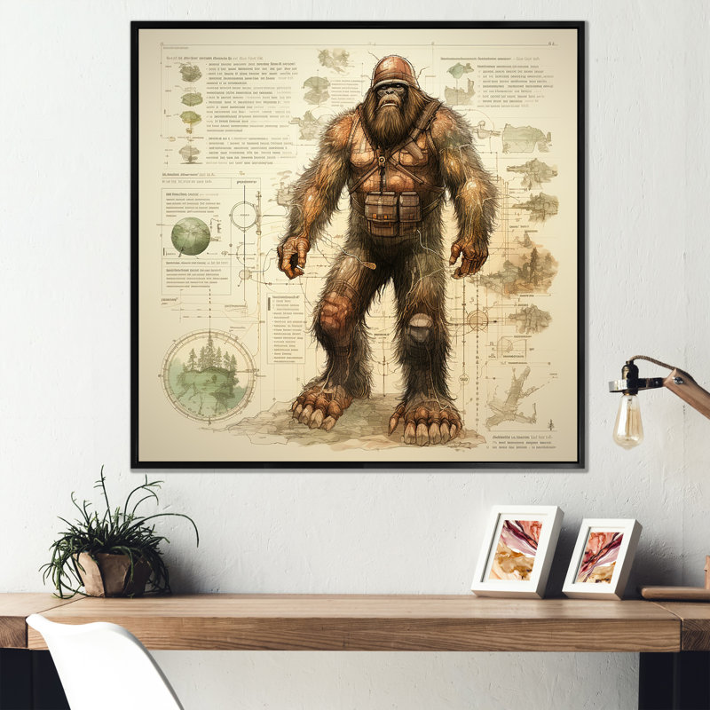 Mystical Bigfoot Blueprint I - Art mural Bigfoot, Cadre flottant noir, H 16 po x l 16 po