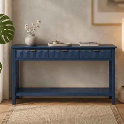 Table d'entrée 60 po en placage de sapin avec façades en nid d'abeille, console moderne élégante avec 3 tiroirs et pieds en sapin massif, convient au salon, au vestibule, au couloir, au bureau, au vestibule