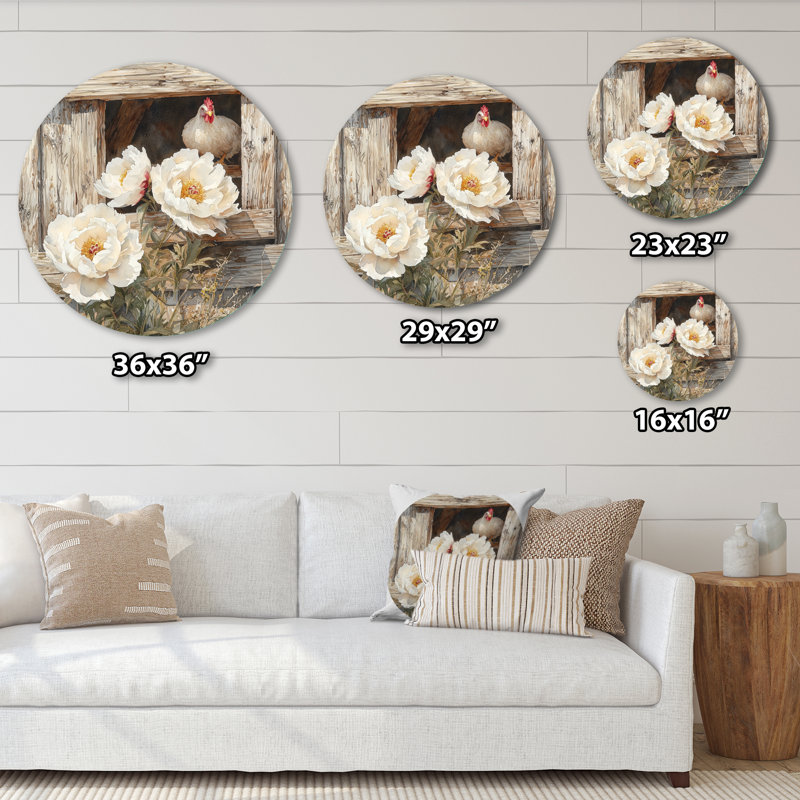 Pivoines par le poulailler II - pivoines rondes, art mural en métal pour le salon, H 16 po x l 16 po