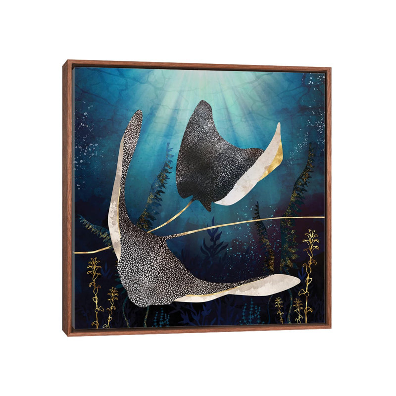 Stingray métallique - impression, H 37 po x l 37 po x P 1,5 po, Toile avec cadre en bois brun classique, Pas de tapis