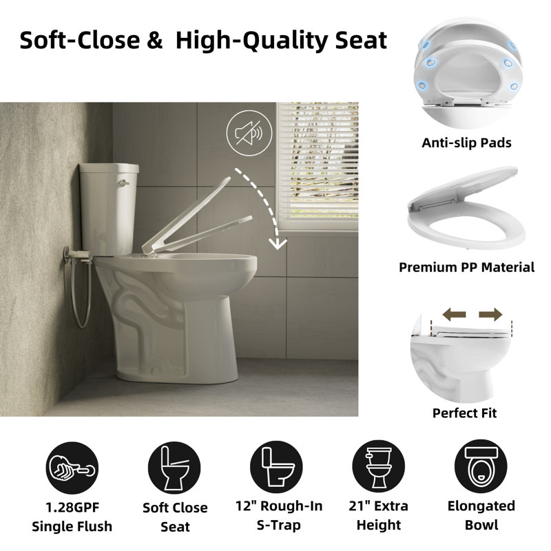 Los Flexi Two-Piece Tall Toilet, Comfort Elongated Bowl & ADA Height, 1.28GPF Siphon Flush, 12 Rough-in, Ideal for Most Users