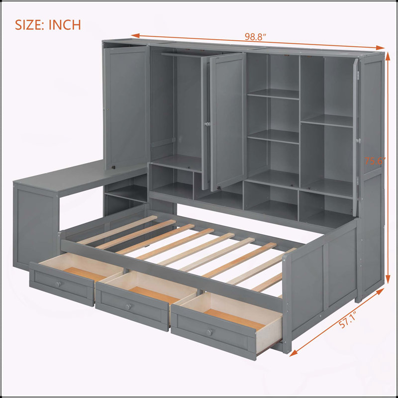 Versatile Wooden Daybed with Integrated Storage and Workspace for All Ages, Twin, Grey