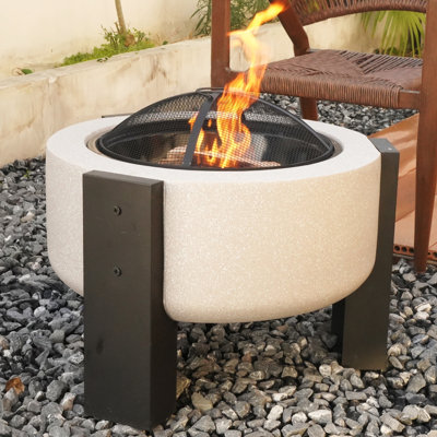 Foyer extérieur rond en béton au feu de bois, base en céramique MGO résistante à la chaleur de 23,23 po avec barbecue, foyer extérieur, barbecue dans la cour arrière, rassemblements extérieurs