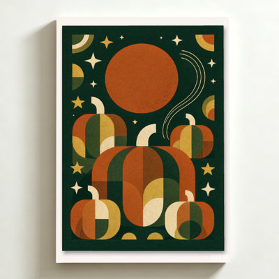Tableau sur toile d'Halloween 61 x 91 cm (24 x 36 pouces) : Citrouilles aux formes géométriques disposées sur un fond vert foncé, impression sur toile de style moderne du milieu du siècle. Décoration murale moderne pour chambre, salon et bureau à domicile.