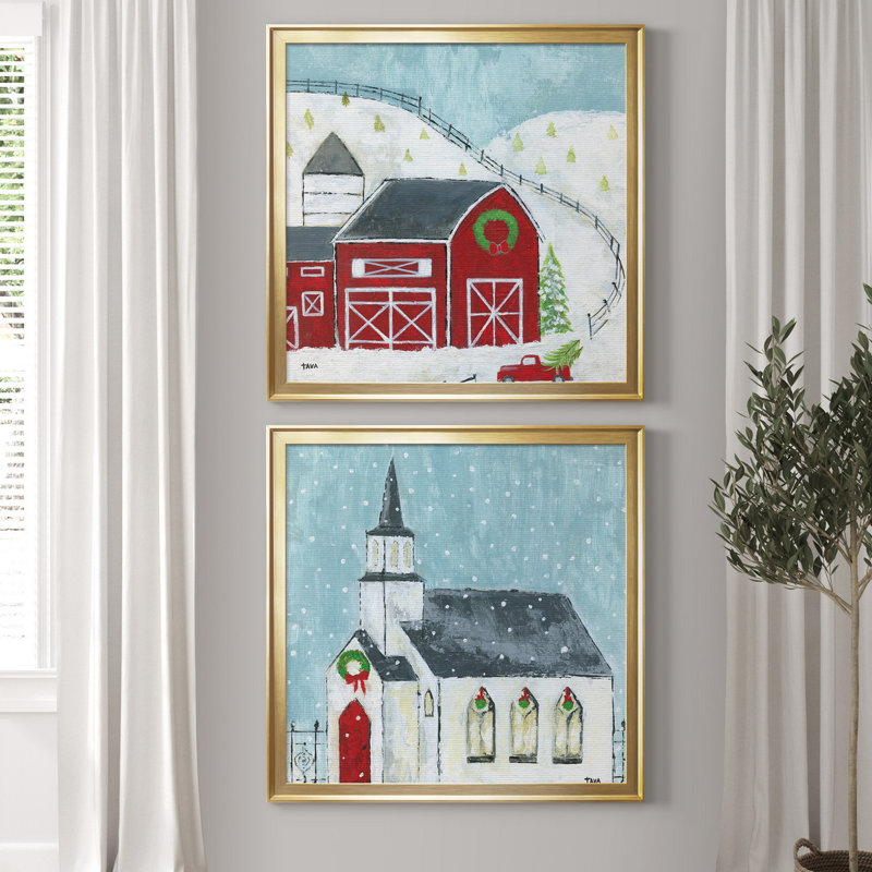 Christmas Barn - ensemble d'impressions 2 pièces, Toile encadrée dorée, Pas de tapis, H 34,5 po x l 69 po x P 1,5 po