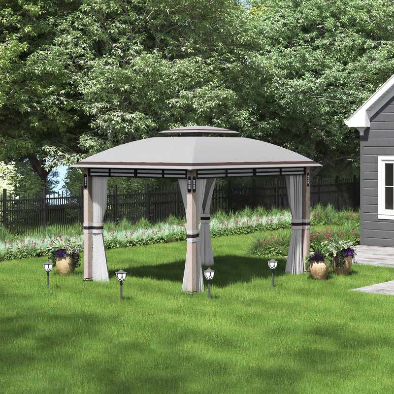 Sunjoy Beretta Outdoor Patio 11 x 13 ft. Powder-Coated Steel Frame 2-Tier Soft top Gazebo with LED Lighting and Bluetooth Sound
