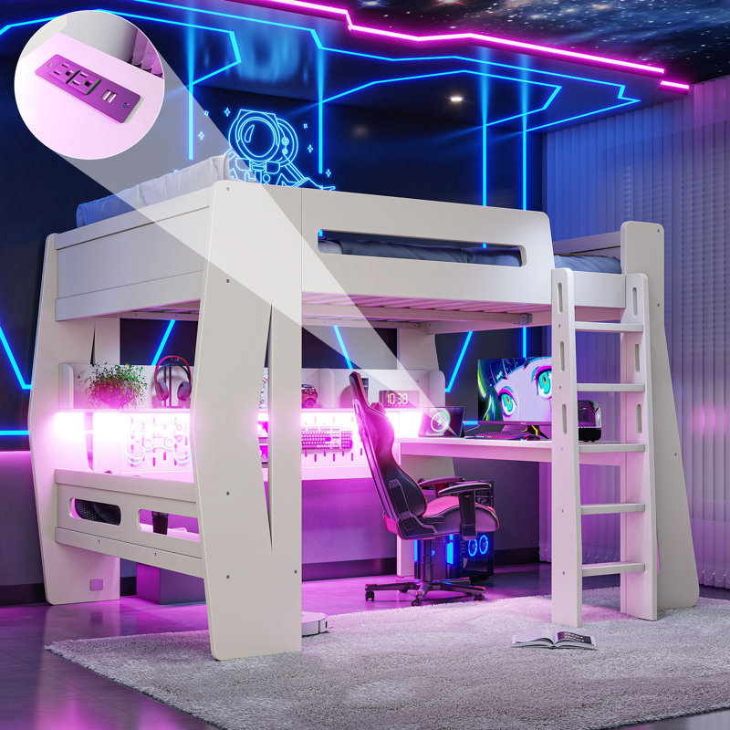 Lit mezzanine gain d'espace avec rangement, entièrement en MDF, style jeu moderne pour la maison, Beige