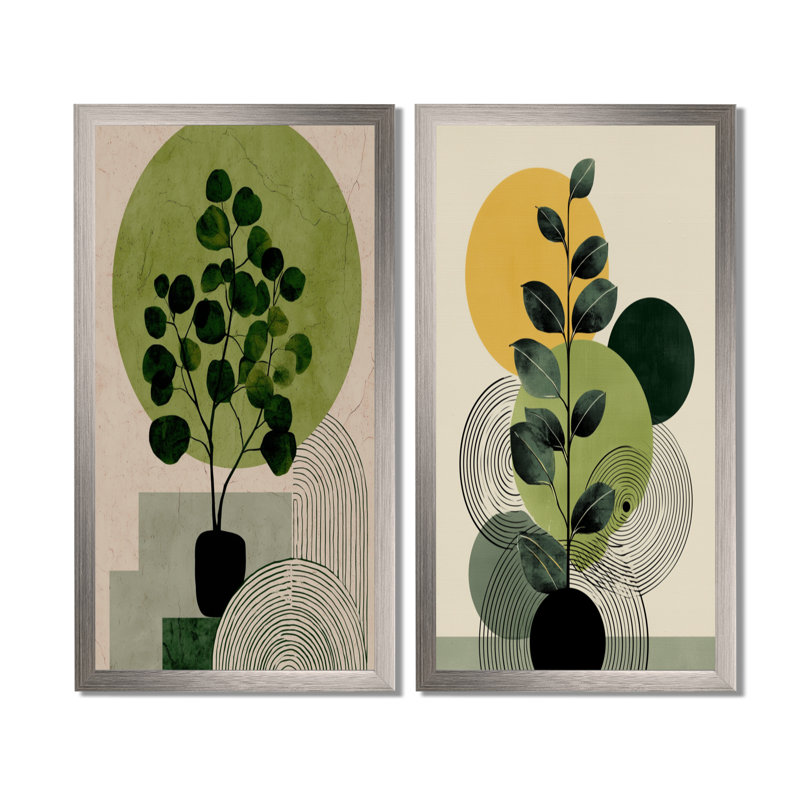 «Bohemian Minimalist Geometric Plant - Modern», 2 impressions sur toile, H 40 po x l 40 po, Encadrement argenté
