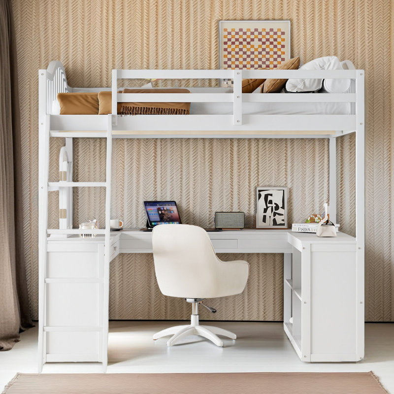 Lit mezzanine double en bois avec bureau en U, Blanc