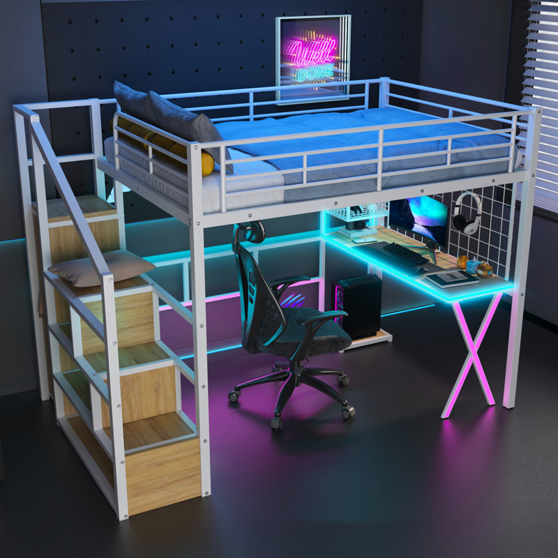Lit mezzanine en métal avec DEL, tablettes de rangement, garde-robe et bureau - Rendez votre chambre à coucher plus pratique