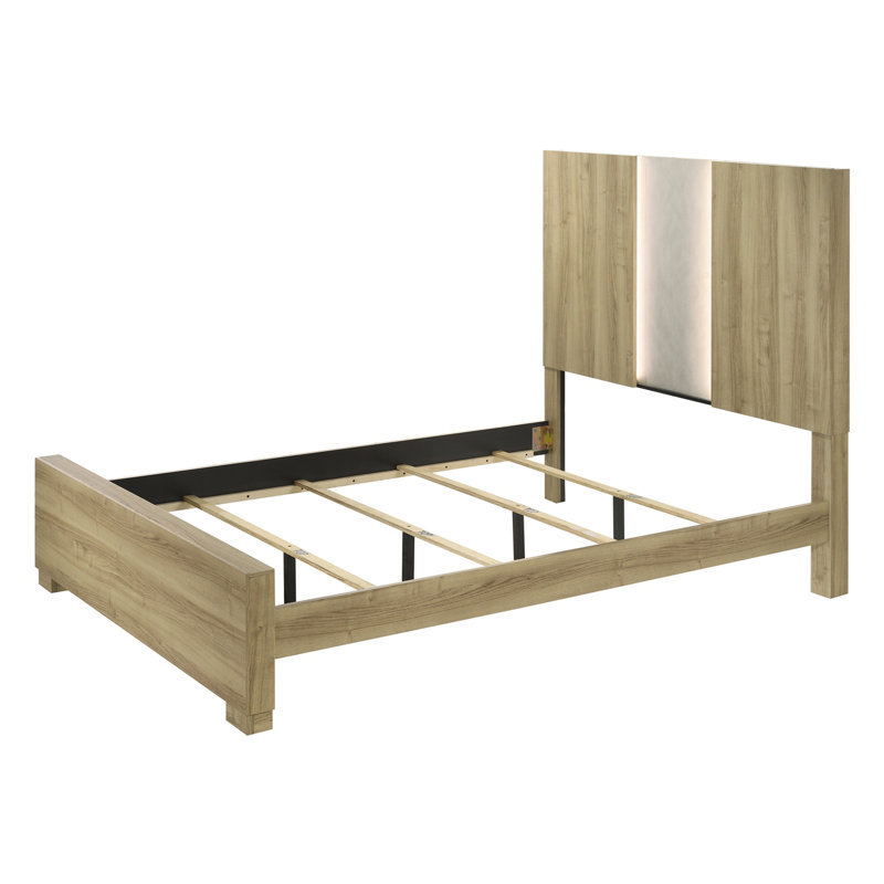 Lit à panneau 1pc contemporain avec éclairage intégré bois flotté, Grand