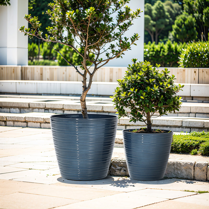 Amiin Modern Tapered Round Plastic Planter Set of 2, Indoor Outdoor HDPE Pot Planters, Blue
