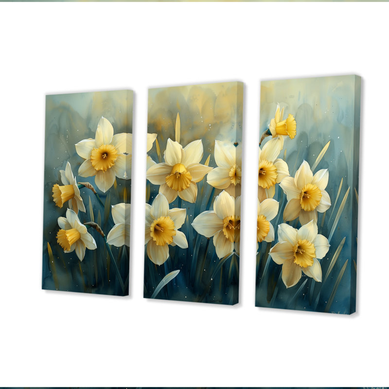 Ensemble de salon art mural jonquilles blanc et jaune, Toile tendue, H 32 po x l 48 po x P 1 po