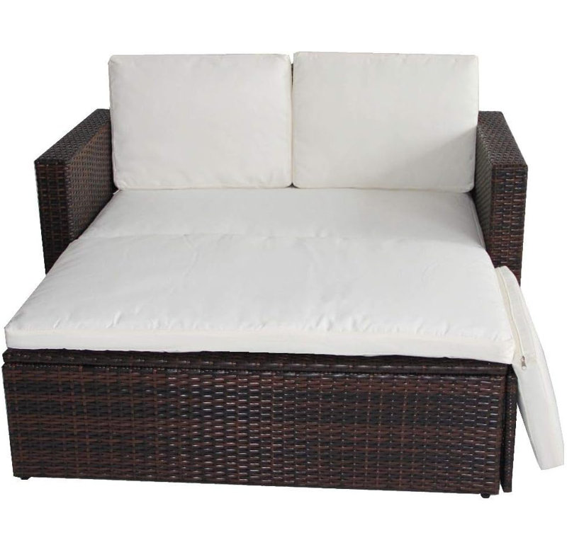 Obeng 119cm Wide L-Shaped Powder Coated Steel Patio Daybed with Cushions, Beige, Brown