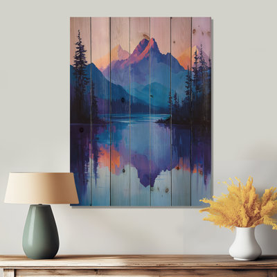 Mountain Reflections At Dusk II - paysage de montagne, décoration murale en bois - sur bois de pin naturel