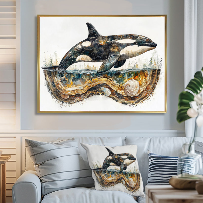 Harnish Canadian Whale On Coastal Collage I - baleine, art mural, H 12 po x l 20 po, Impression encadrée flottante, Doré