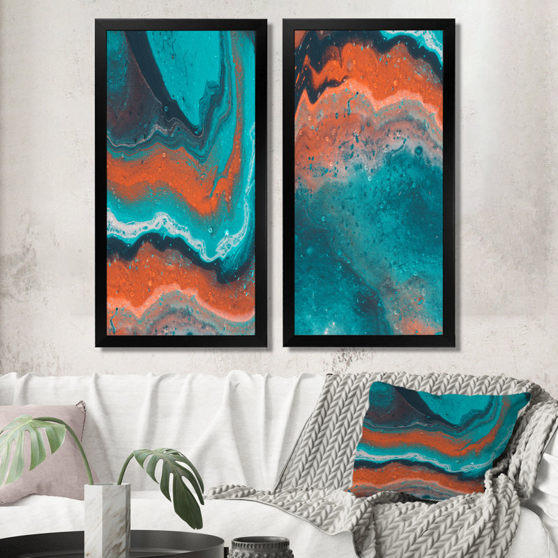 "Orange and Turquoise Marble Art", ensemble de 2 photographies sur toile, H 40 po x l 40 po x P 1 po, Cadre photo noir