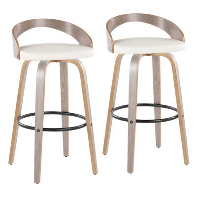 Fauteuil pivotant en similicuir blanc avec repose-pieds rond en métal noir et bois gris - 2 pieds, rotation à 360°, pieds courbés, usage intérieur seulement, design contemporain.