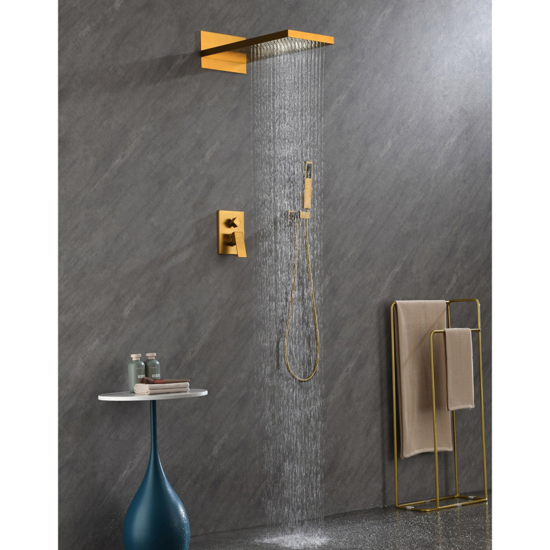 Système de douche en laiton doré avec tête de pluie et ensemble de poche avec -