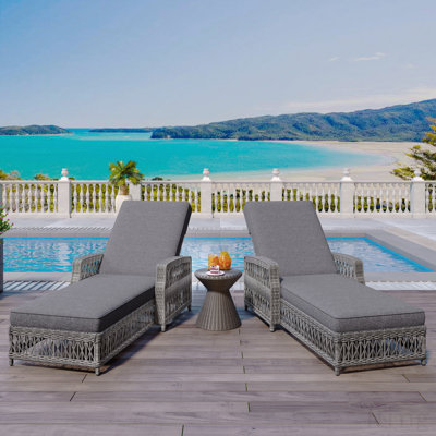 2 Pieces Long Reclining Chaise, Outdoor Wicker Lounge With Armrests, Patio Adjustable Recliner With Soft Removable Cushions, All Weather Rattan Pool Lounge For Poolside & Garden, Gray