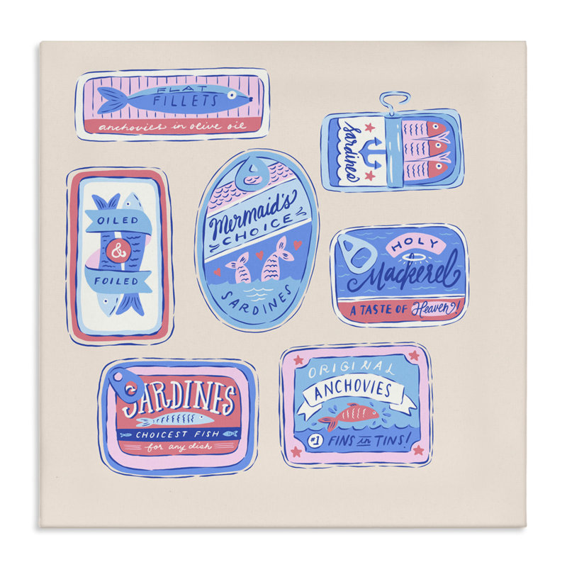 Various Canned Fish Seafood Canvas, design by Krissy Mast, 30" H x 30" W