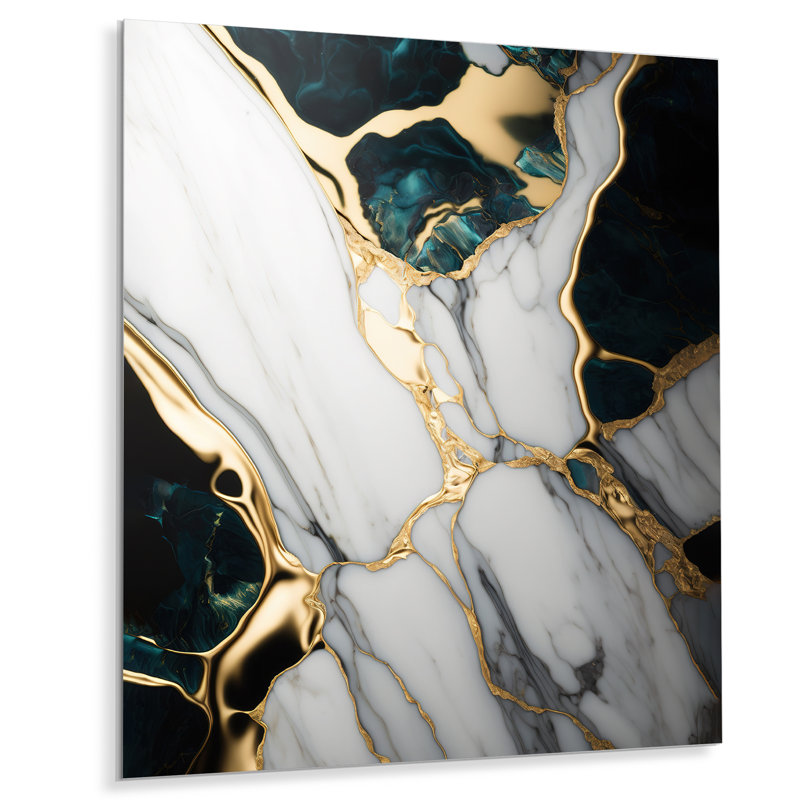 Décoration murale abstraite géométrique en marbre doré et vert I - marbre abstrait, H 40 po x l 30 po