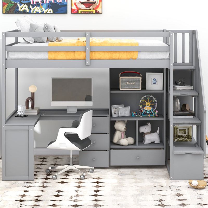 Lit mezzanine simple avec bureau en L et tiroirs, armoire et escalier de rangement, gris