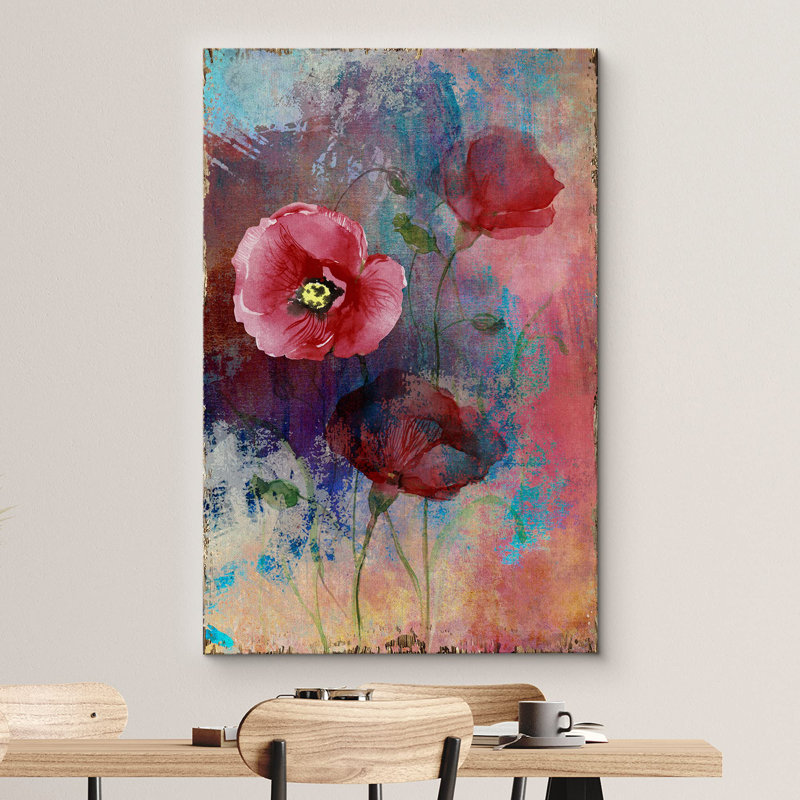Trio de coquelicots rouges sur fond de panneaux de bois, H 18 po x l 12 po