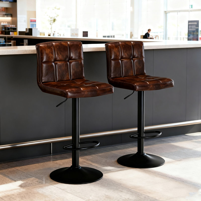 Kyle 21" wide Square Seat Swivel Adjustable Height Tufted Mid Back Bar Height Bar Stool, Dark Brown