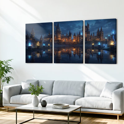 Hogwarts Castle Night Scene Fantasy Landscape Canvas Wrapped Wall Art Set Of 3