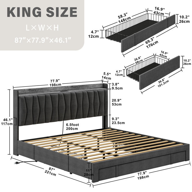 King Gray Linen Upholstered Bed Frame with Storage Drawers