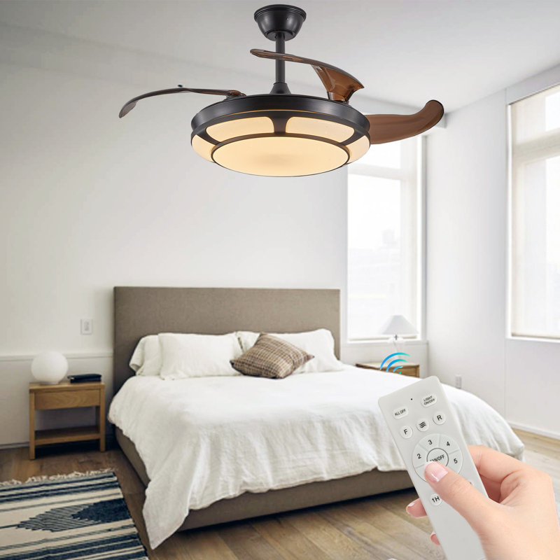 42" Retractable LED Ceiling Fan with Light, 6-Speed, Remote, Dimmable, Silent Motor
