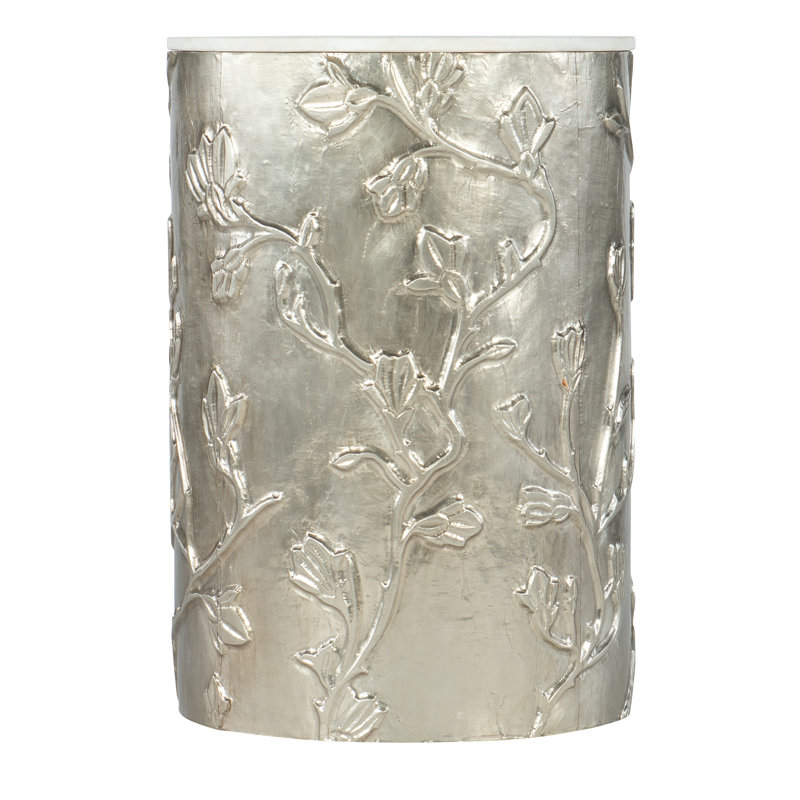 Transitional 18'' Silver and White Round Wood & Stone End Table