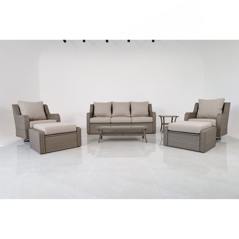 Ensemble de mobilier de jardin haut de gamme en rotin 7 pièces – Canapé 3 places, 2 fauteuils pivotants, 2 poufs, table basse et table d'appoint avec coussins beiges